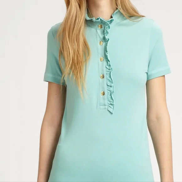 Tory Burch Lidia Ruffle Polo Tee GRAY Size Small - Picture 9 of 11